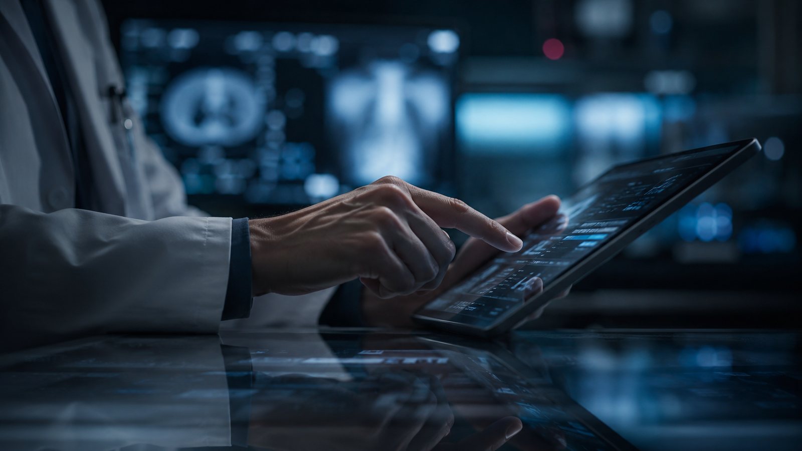 Klinische Präzision – Hände an einem digitalen Interface